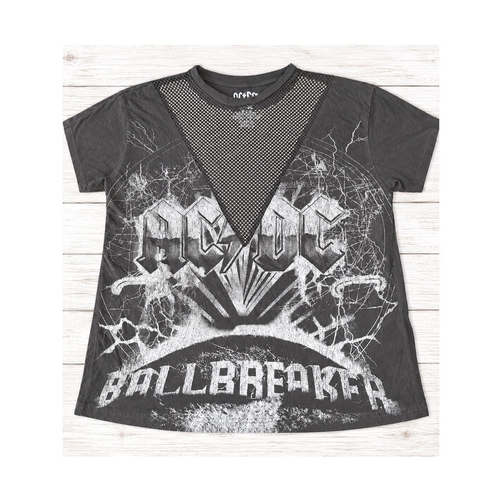 AC/DC Ballbreaker Graphic T-Shirt Rhinestone Mesh Inset Rock Band Charcoal Med